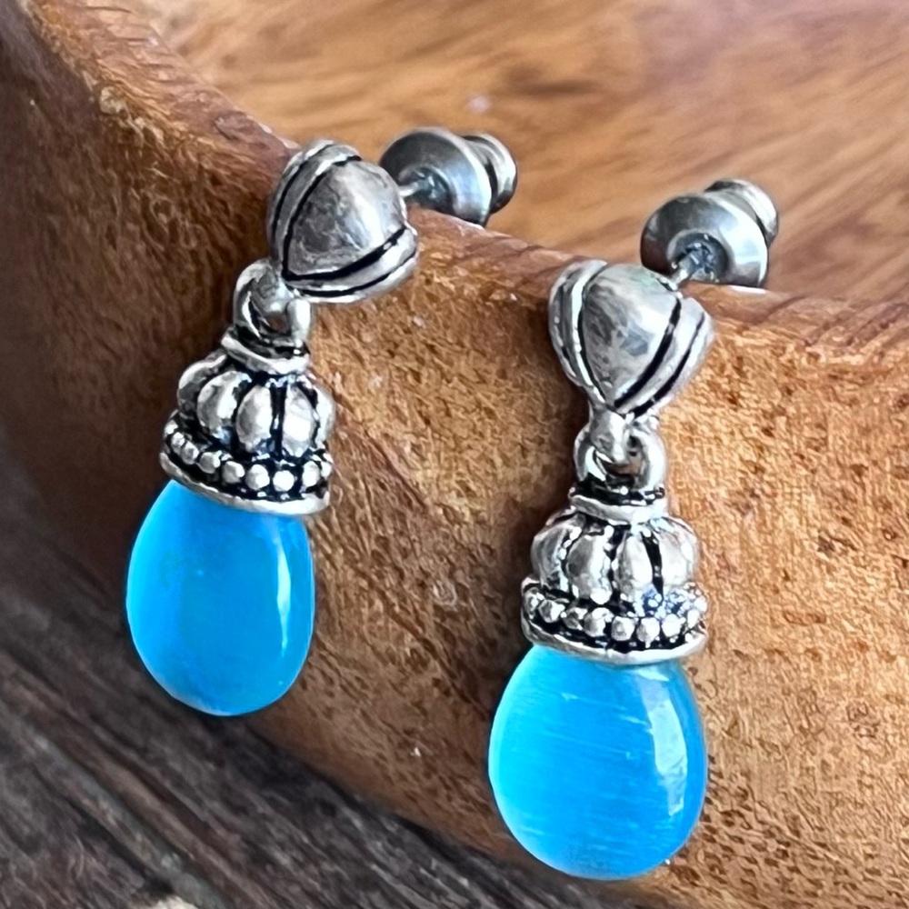 Silverplate Dangle Pierced Post Earrings Ornate Capped Aqua Blue Cat Eye Dangles